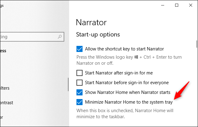 Windows 10's Narrator options referring to a &quot;system tray.&quot;