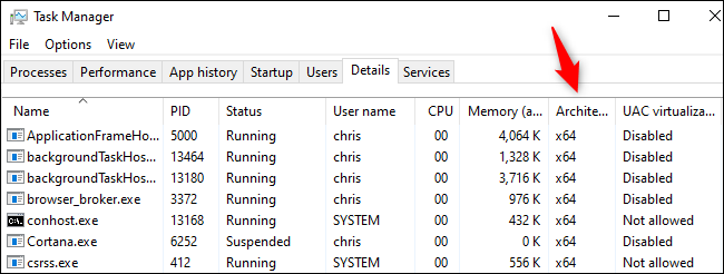 The Architecture column in Windows 10's Task Manager.