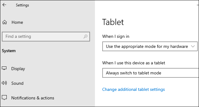 Tablet options under Settings &gt; System &gt; Tablet on Windows 10.