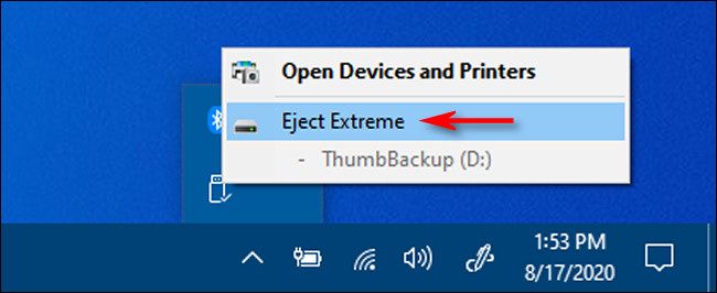 Click "Eject" and the name of the USB drive you'd like to remove in Windows 10.