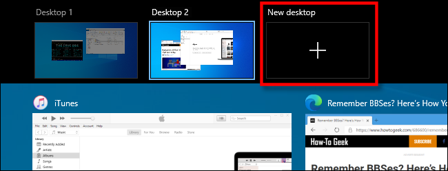 Click the "New desktop" button in Task View on Windows 10.