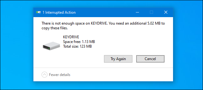 An insufficient space message in Windows 10.
