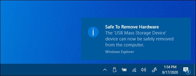 A "Safe to Remove Hardware" notification in Windows 10.