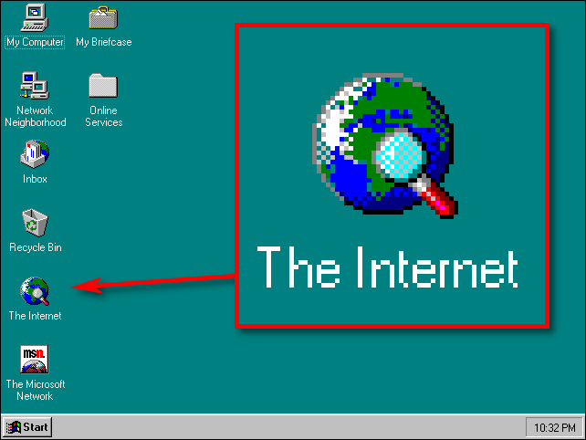 "The Internet" web browser icon on the Windows 95 desktop.