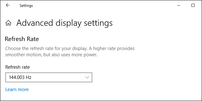 Refresh Rate options in Windows 10 Settings