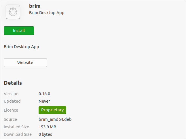 Brim .deb file opened in the Ubuntu software application