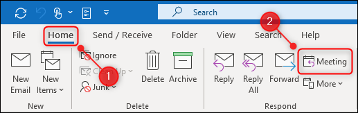 The &quot;Home&quot; tab of the ribbon with the &quot;Meeting&quot; button highlighted.