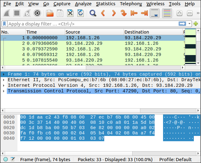 Packets selected from Brim displayed in Wireshark.