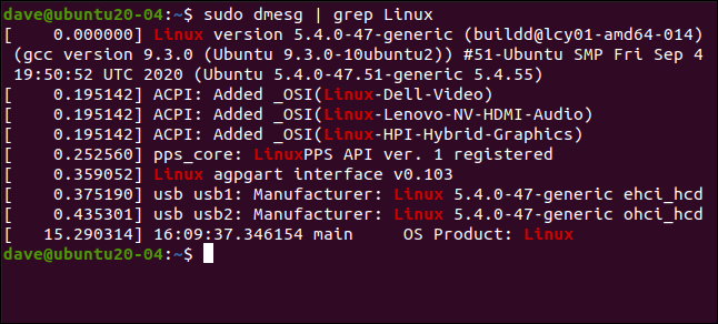 sudo dmesg | grep Linux in a terminal window