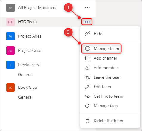 The team menu with &quot;Manage team&quot; highlighted.