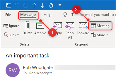 The &quot;Message&quot; tab of the ribbon with the &quot;Meeting&quot; button highlighted.