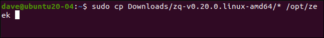 sudo cp Downloads/zq-v0.20.0.linux-amd64/* /opt/Zeek in a terminal window