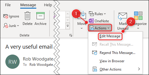 The &quot;Actions&quot; option and &quot;Edit Message&quot; menu option.