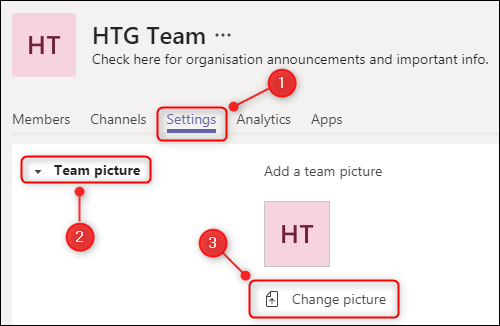 The &quot;Settings&quot; tab with &quot;Team picture&quot; highlighted.