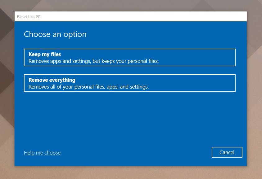 Windows reset settings dialog 