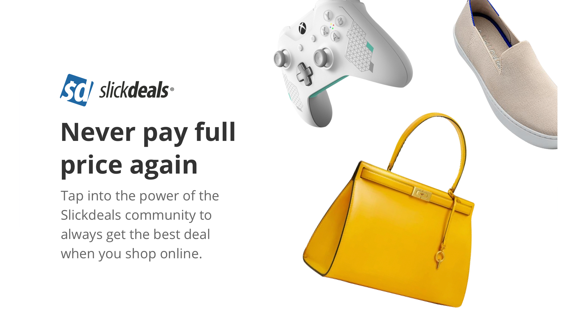 An illustration of Slickdeals saving money on video games, shoes, and handbags.