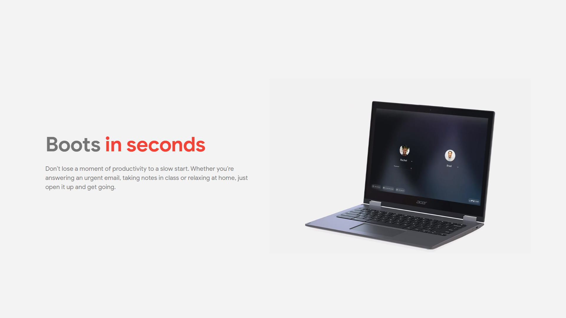 A promo image about Chromebooks booting up instantly