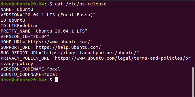 cat /etc/os-release in a terminal window