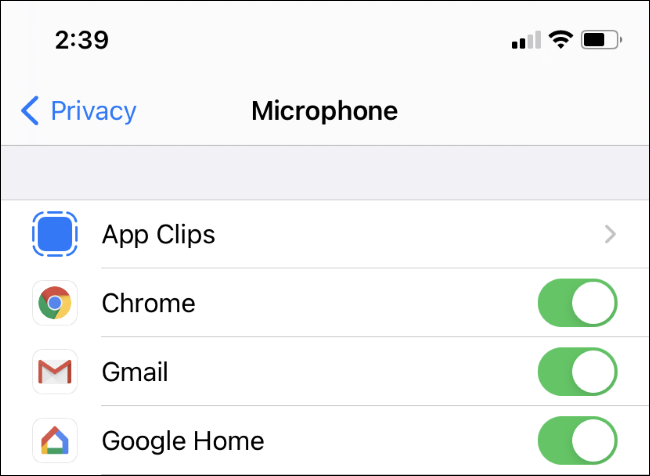 The Settings > Privacy > Microphone screen on an iPhone.