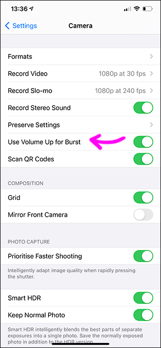 Activate &quot;Use Volume Up for Burst&quot; in Camera Settings