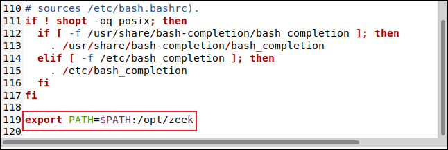 The .bashrc file in the gedit editor with the line export PATH=$PATH:/opt/zeek showing