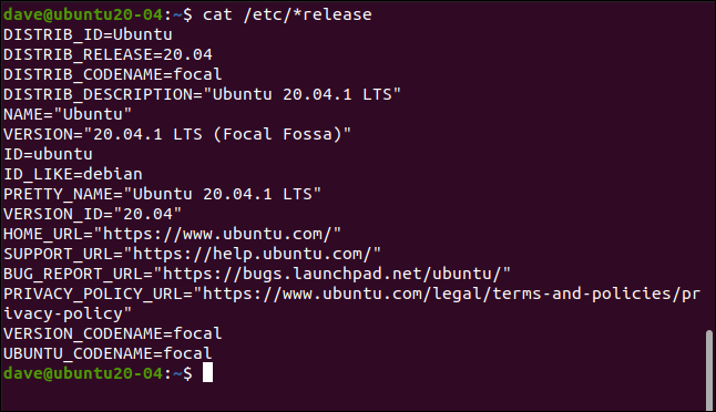 cat /etc/*release in a terminal window