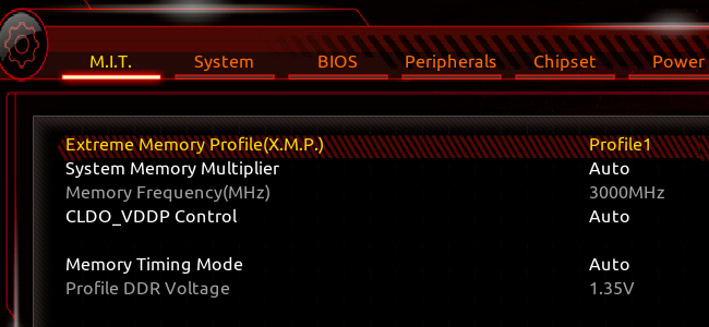 An Aorus BIOS screen: a five tab menu with red lettering and a black background.