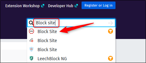 Block site add on in search list
