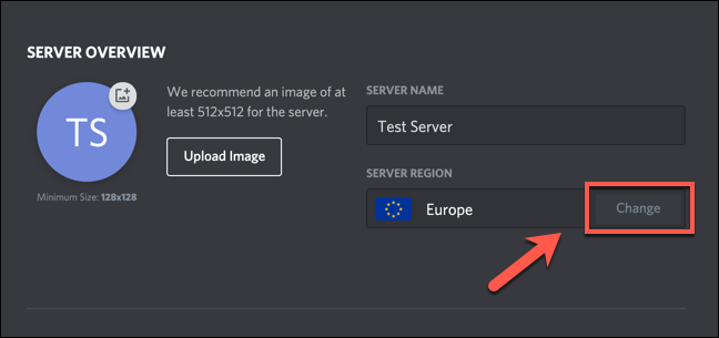 Click "Change" next to your current server region in your Discord server settings.