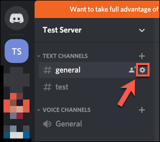 Hover over a Discord channel name, then press the settings cog icon next to it to access the channel settings.