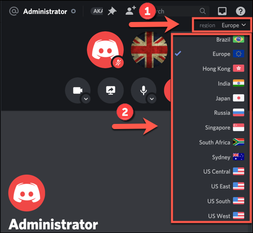 Press the "Region" drop-down menu in the top-right corner of a current direct message call on Discord to change the server region mid-call.