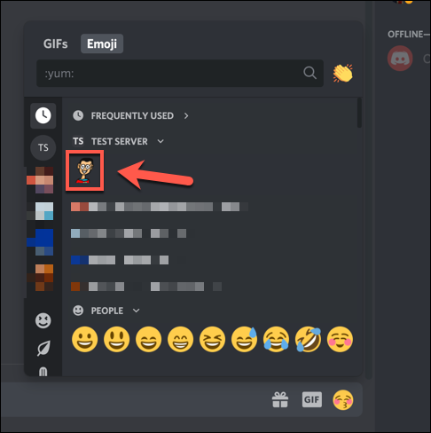 Click the emoji icon on your Discord chat bar, then select your added emoji from your server's emoji category.