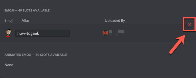 Press the red cross icon to delete an emoji in your Discord server settings.