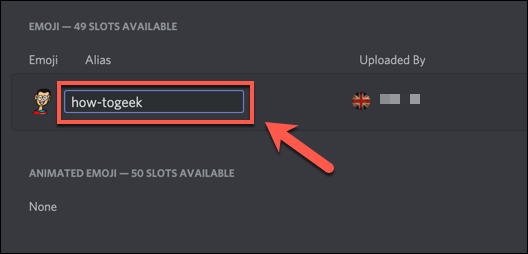 Click the &quot;Alias&quot; box to edit the tag used to send an emoji on Discord.