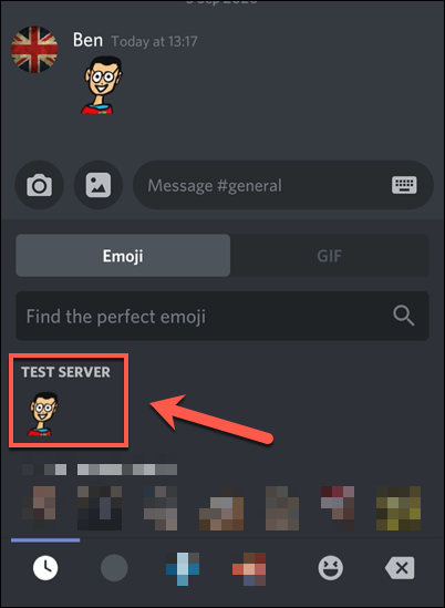 Tap the emoji icon in the message bar, then select a custom emoji from your server's category.