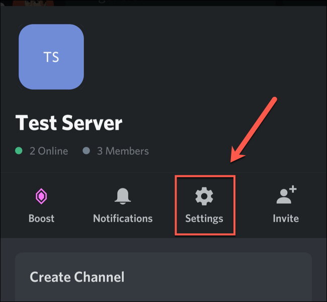 Tap "Settings" in the pop-up options menu for your Discord server.