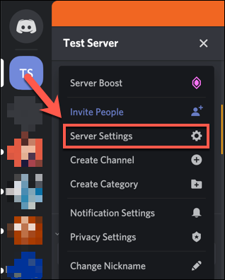 Click your server name on Discord, then press the "Server Settings" option.
