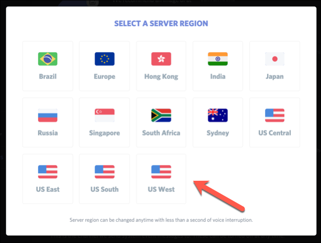 The &quot;Select a Server Region&quot; menu.