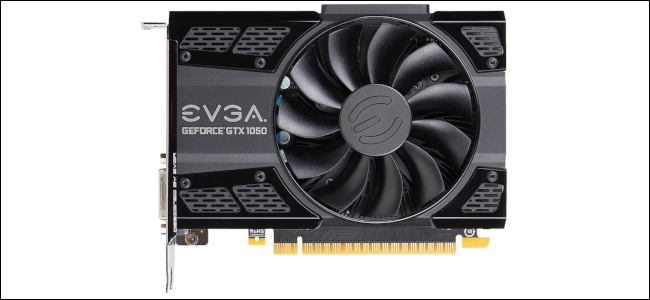 A compact EVGA Nvidia GeForce 1050 graphics card on a white background.