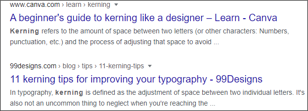 Kerning example in Google Search