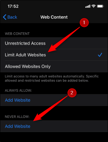 Limit adult websites option on iPhone