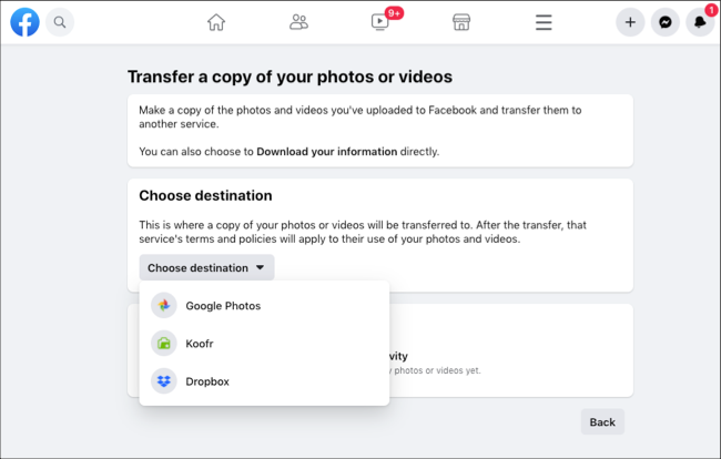 Choose destination for Facebook photos and videos transfer