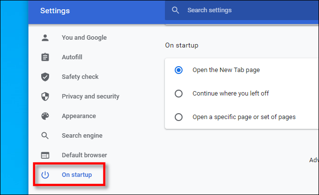 In Chrome settings, click "On startup."