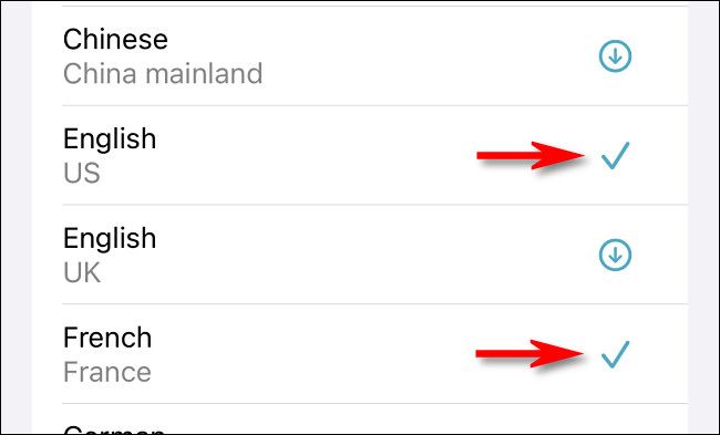 In the Apple Translate langauge list, checkmarks signify that a language has been downloaded.