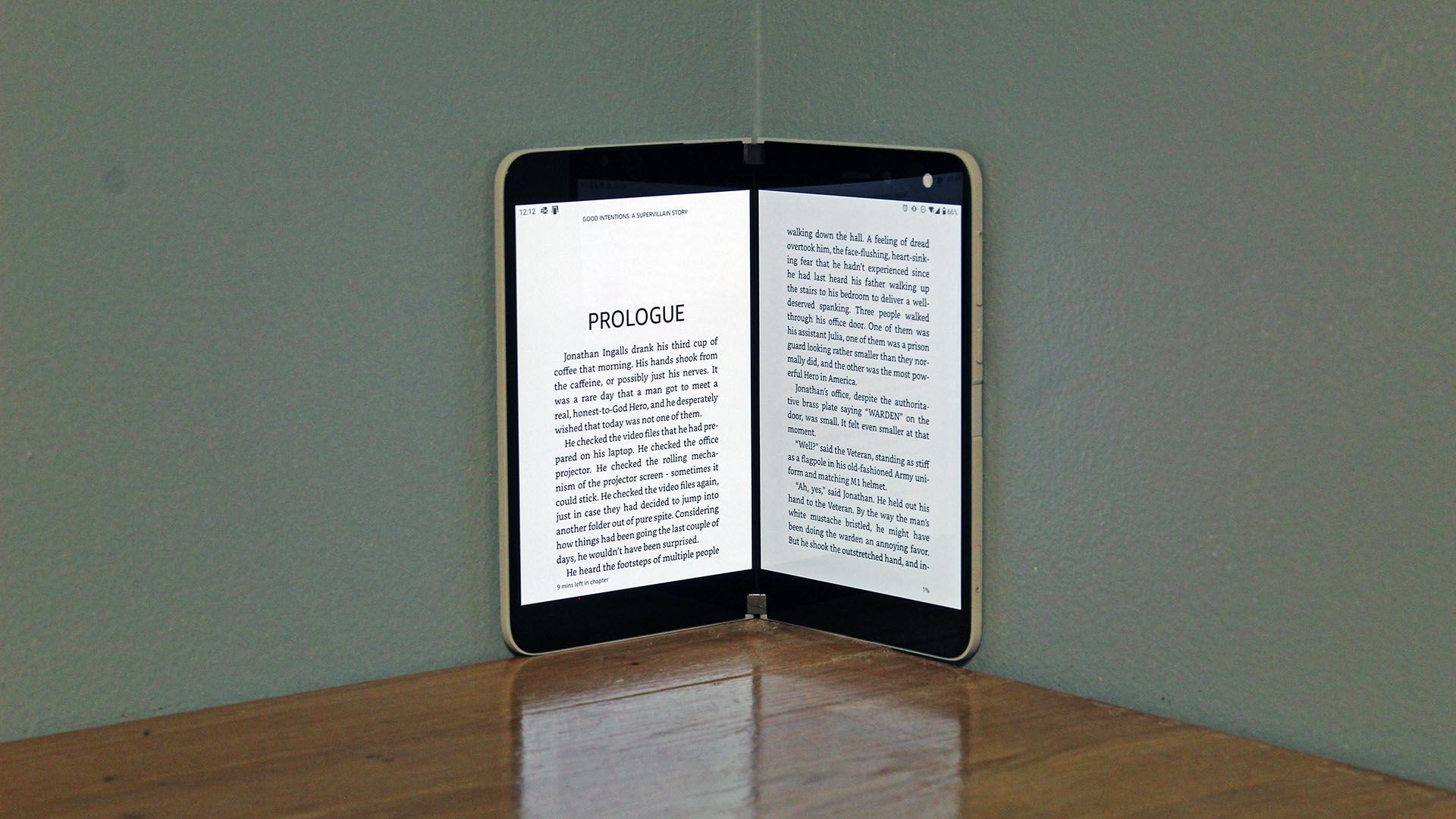 A kindle app, showing a page of a book on each display.