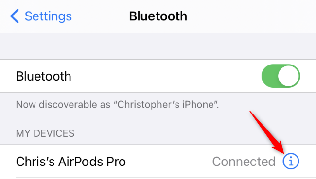 Accessing AirPods settings on an iPhone.