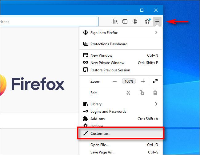 In Firefox, click the hamburger button and select "Customize."