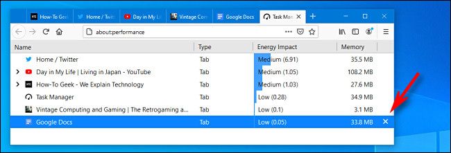 To close a tab Firefox Task Manager, click the "X" button.