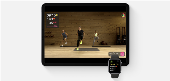 Fitness+ running on an iPad and Apple Watch