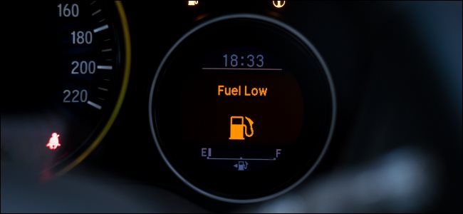 A &quot;Fuel Low&quot; message on a gas gauge.